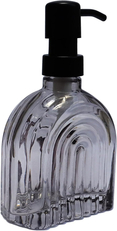 Glass Soap Dispenser for Kitchen and Bathroom, Farmhouse Style Liquid Pump (Grey Glass with Black, 4" x 2" x 6-5/8")