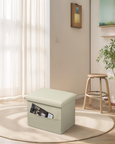 16 inch (Beige-2) AmasSmile Storage Ottoman Folding Foot Rest Stool with Side Pocket, Leather Footstool Bench, Short