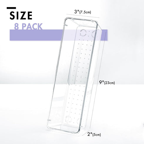 HOUSE DAY Desk Drawer Organizer Bins 8 PCS, 9*3*2" Clear Drawer Organizers with Silicone Pads, Vanity Organizers and Storage, Non Slip Plastic Drawer Organizer for Makeup, Bathroom, Kitchen, Office by HOUSE DAY