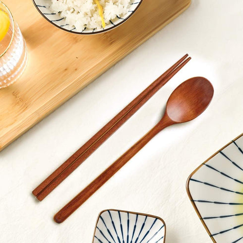 Ecloud Shop Wooden Chopsticks Spoon Set - Korean Dinnerware Reusable Long Handle Spoons for Home Kitchen (4 Sets)