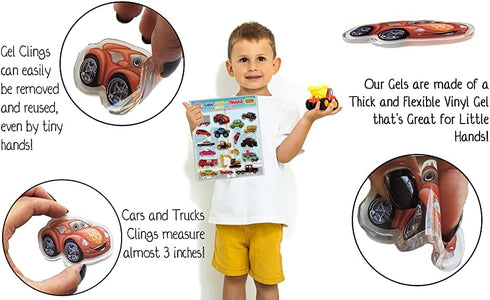 Cars Trucks & Construction Gel Window Clings for Kids - Window Stickers for Toddlers, Reusable Sticker