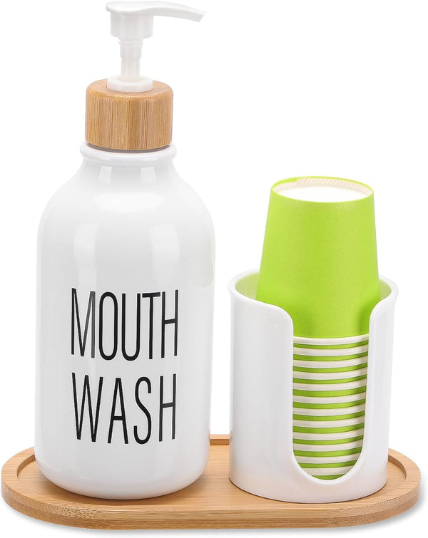 Mouthwash Dispenser with Cup Holder, Plastic White Mouth Wash Pump Bottle with