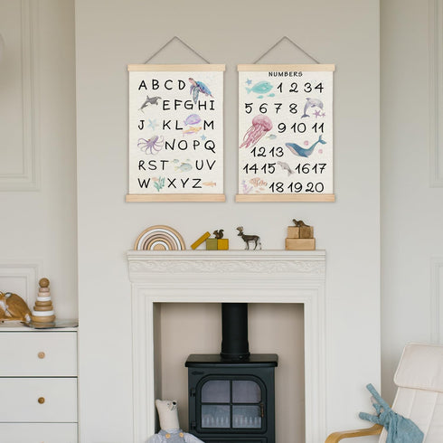 123 12x16 Set 2 Supwhd Ocean Nursery Decor, Alphabet Numbers Ocean Animals Poster Hanger Frame, Sea Animals ABC
