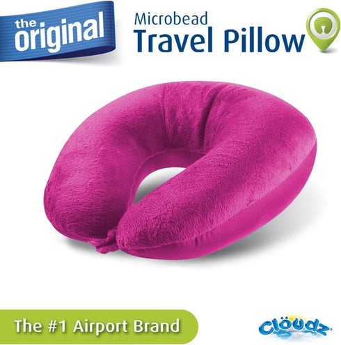 Cloudz Dual Comfort Microbead Airplane Travel Neck Pillow, Bright Pink, Soft Plush & Cool Spandex