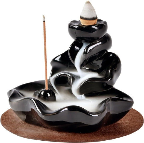 Waterfall Incense Burner, Lotus Backflow Incense Holder with 10 Free Mixed Aromatherapy Cones, Ceramic Censer