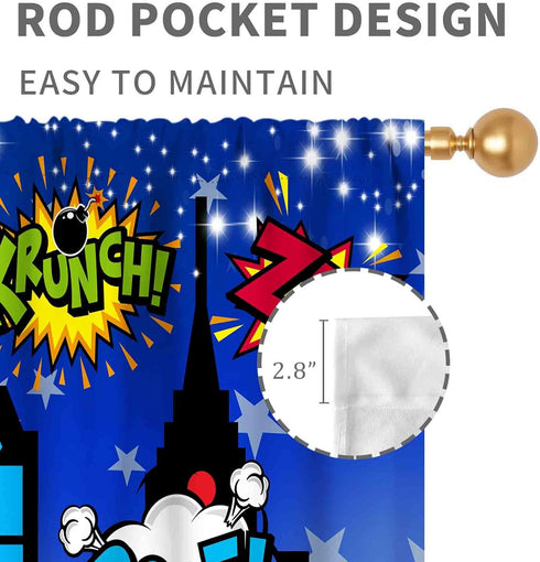Superhero City Curtains, Comic Night Starry Skyline Cityscape Blackout Window Curtains for Boys Kids Room, 2 Panel Sets