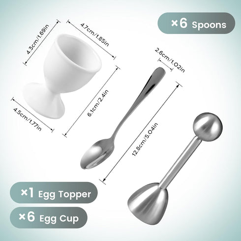 Set Set 6 6 1 Cinf White Ceramic Egg Cups & Cracker | of Ceramic Egg Cups + SS Spoons + Egg Topper Breakfast Boiled
