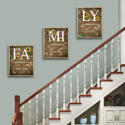 Family Sunflower Butterfly Wall Decor, Inspirational Rustic Wood Sign Wall Art for Living Room, Set of 3 (8"X10") Prints
