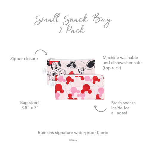 Bumkins Disney Snack Bags, 2-pk Minnie Mouse Classic, Washable Fabric for Kids & Adults