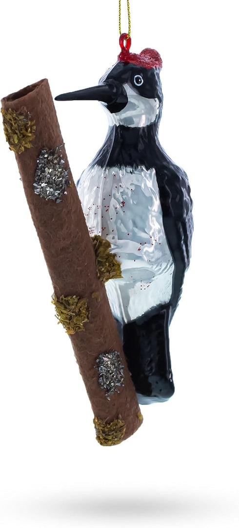 Woodpecker Perched on a Branch Glass Ornament for Christmas