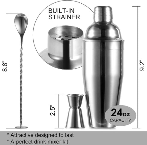 24oz Cocktail Shaker Bar Set - Professional Margarita Mixer Drink Shaker with Measuring Jigger & Mixing Spoon Set,