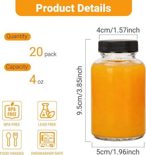 20 4 oz pcs Mini Glass Juice Bottles with Caps for Juicing & Smoothies, Reusable Empty Clear Bottles with Label, Funnel