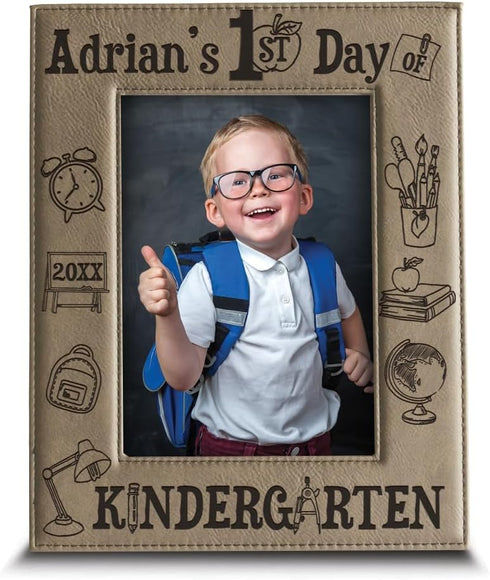 BELLA BUSTA My First Day of Kindergarten Personalized Kids School Keepsake Engraved Leather Picture Frame (5 x 7