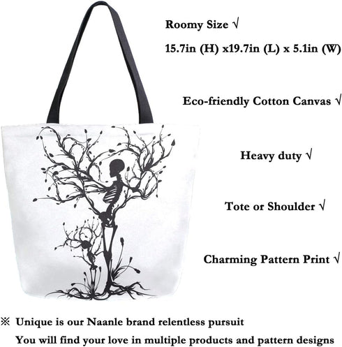 Naanle Skull Canvas Tote Bag, Large Women Casual Shoulder Handbag, Tree of Life Reusable Heavy Duty Cotton Bag