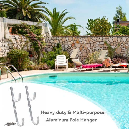 WWD POOL Aluminum Pole Hanger Set, Blue, 1-Pack (2 Hooks) for Telescoping Poles, Leaf Rakes, Skimmers, and Brushes