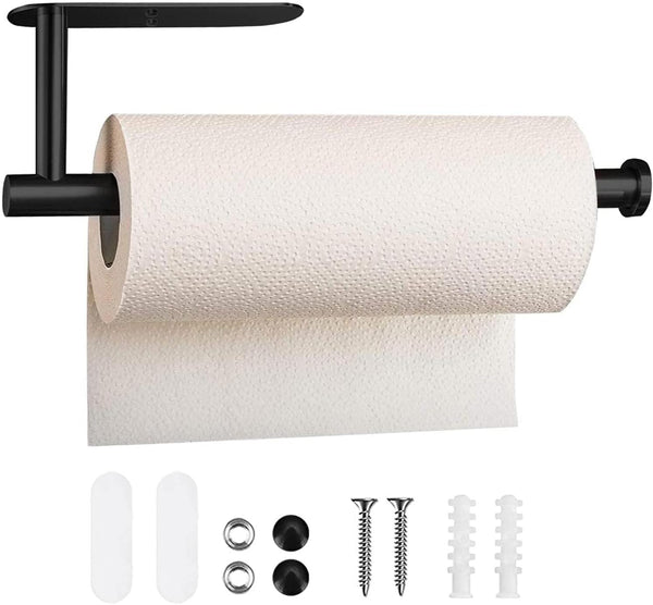 Paper Towel Holder, Under Cabinet Self Adhesive Kitchen Countertop Wall Mount Holder with Screws, Black