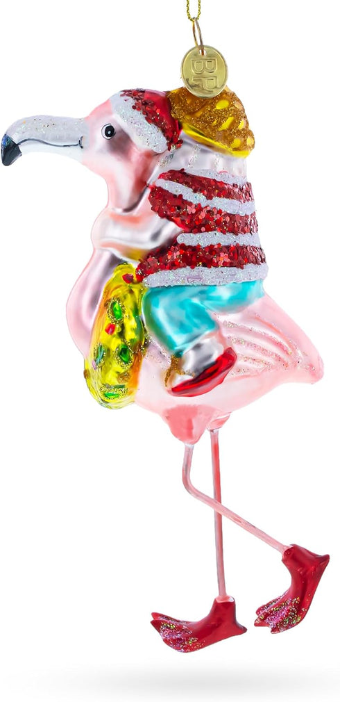Santa Riding a Pink Flamingo Blown Glass Christmas Ornament