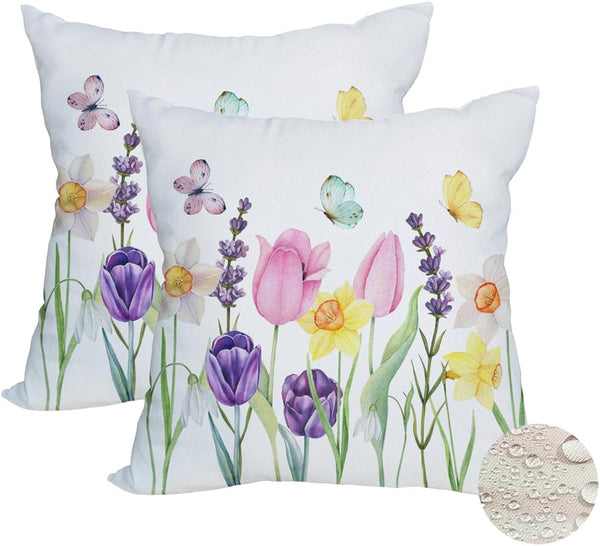 2 Pack Waterproof Spring Floral Pillow Covers, 16x16 Inch Pink Tulip Flower & Lavender Butterfly Outdoor Cushion Case