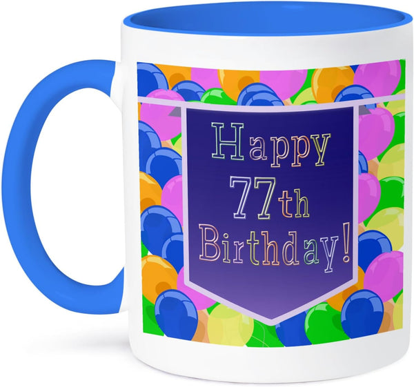 3dRose Balloons With Purple Banner Happy 77th Birthday Two Tone Mug, 11 oz, Blue