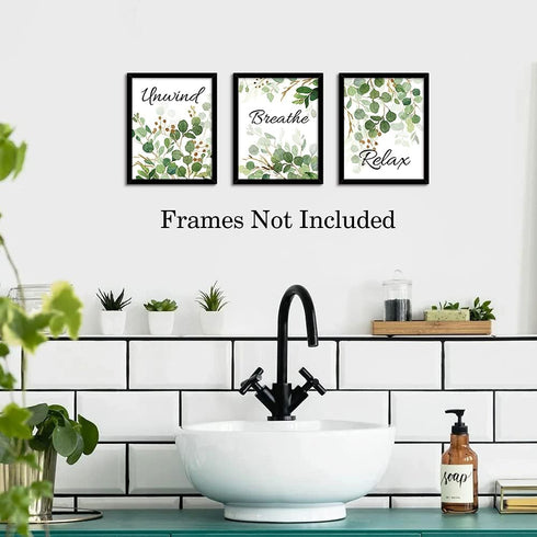 HLNIUC Green Leaf Art Print, Botanical Bathroom Quotes Wall Art Set of 4 (8X10inch, Unframed)