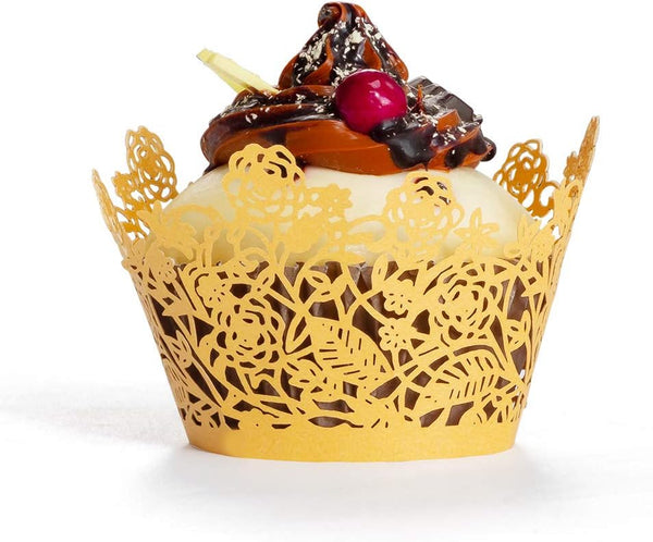 60pcs Gold Rose Lace Cupcake Wrappers, Laser Cut Decorative Liners for Wedding, Party, Birthday Cake Decoration