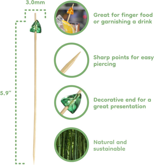 BambooMN 5.9" Decorative Acrylic Gem End Bamboo Cocktail Picks, 300 Pcs for Events, Restaurants, Buffets