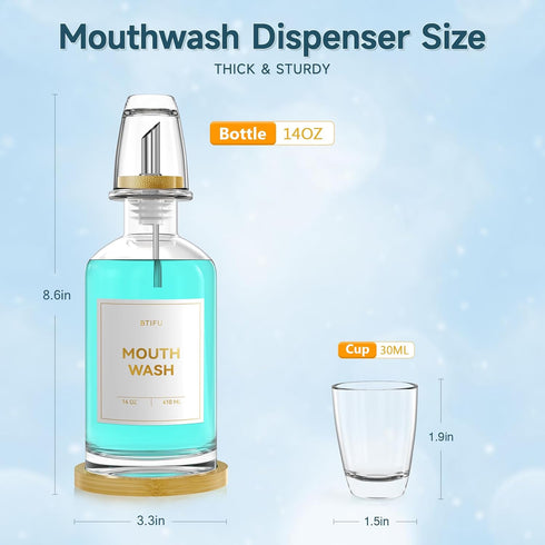 BTIFU Countertop 14oz/410ml Glass Mouthwash Dispenser for Bathroom Refillable Mouthwash Bottle with Stainless Steel