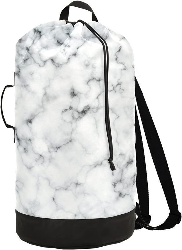 White Marble Laundry Bag, Large Heavy Duty Backpack for College Students, Washable with Shoulder Straps