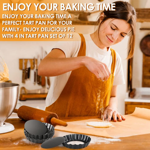 Mini Tart Pan Set of 12, Non-Stick 4 Inch Quiche Pan, Removable Bottom for Pies and Desserts
