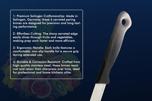 SMI 6 Pcs Paring Knife Set, Serrated Solingen Germany Vegetable and Fruit Kitchen Knives, Multi Color