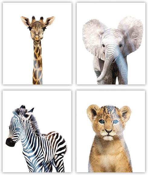 Safari Baby Animals Nursery Decor Art, Set of 4 UNFRAMED Wall Prints, 8x10