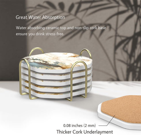 4" Set 6 UMIRRO Ceramic Stone Coasters for Drinks Absorbent with Holder for Wooden Coffee Table Decor, Stoneware Cup