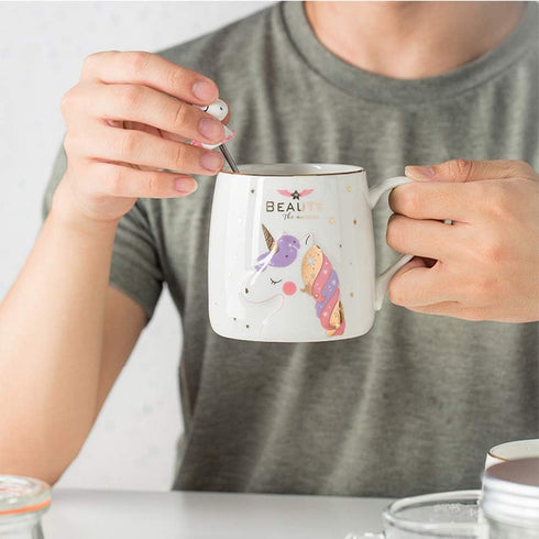 BigNoseDeer Unicorn Mug, Cute Ceramic Coffee Mug with Lovely Unicorn Spoon, 380ML Morning Cup Gift for Girls Magic