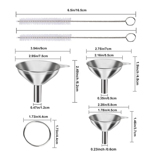 Metal Stainless Steel Funnel Set of 3, Large Medium Small Food Grade Mini Funnels for Kitchen Use with 2 Brushes YLYL