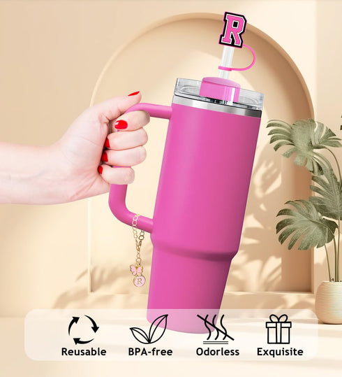 (3 +3) Nuozme Straw Cover Compatible with Stanley Tumbler Cup, 3PCS Letter Straw Caps with Initial Butterfly Charms