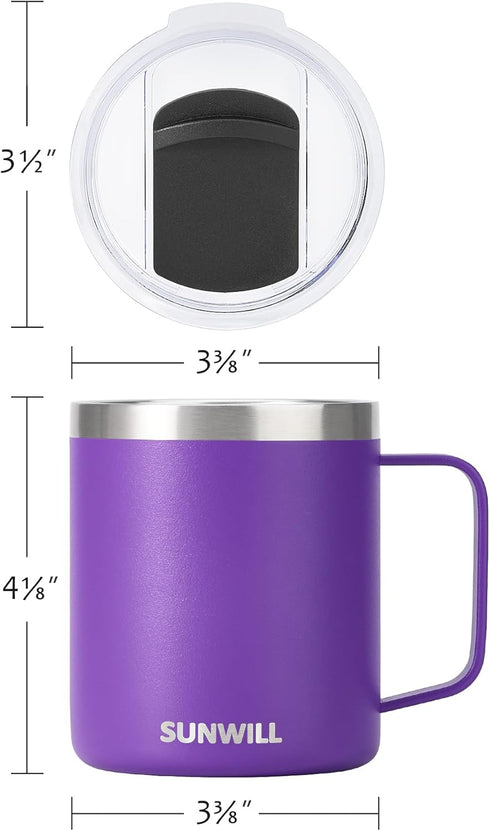 SUNWILL Insulated Coffee Mug with Lid, Travel Tumbler with Handle, 14 oz Stainless Steel Cup for Camping, Office, Home,