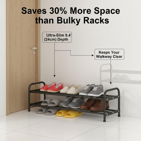 2-Tier 17.3"-31.5" 9.4" 4cm Closet Expandable Shoe Rack, Adjustable Length Metal Shoe Organizer, Slim Wide Heavy Duty