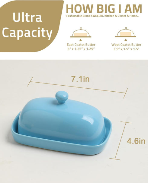 Sweejar Ceramic Butter Dish with Lid for Countertop, Porcelain Butter Keeper for East/West Coast Butter (Steel Blue)