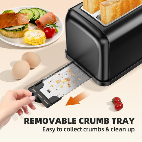 Black 2 Slice Toaster, Extra Wide Slot for Bagels, 7 Shade Settings, Removable Crumb Tray