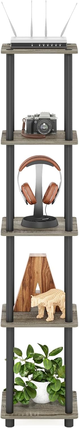 5-Tier FURINNO Turn-N-Tube Corner Square Rack Display Shelf, Round, French Oak Grey/Black