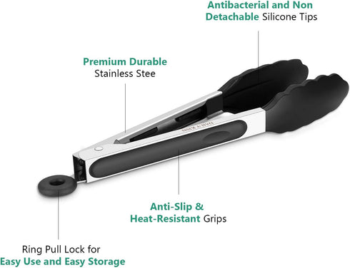 9 Inch Kitchen Tongs, Non Stick Heat Resistant Cooking Tongs with Silicone Tips and Stainless Steel Handle