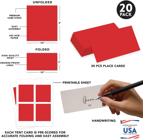 Andaz Press Table Tent Printable Place Cards, Red, 20-Pack for Weddings & Graduations