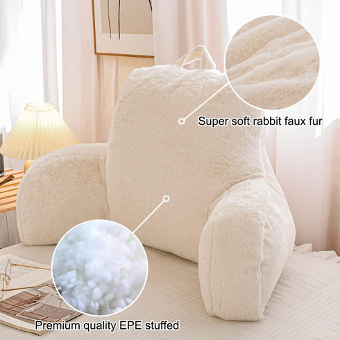 Holawakaka Large Faux Fur Bed Rest Pillow with Arms, Rabbit Fur Reading Pillows Perfect for Adults Men Women, Arm