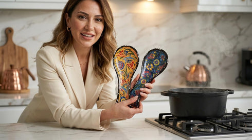 Set 2-9" 100% Handcrafted Turkish Ceramic Spoon Rest of Large Spoon Holder for Stove Top - Lead-Free & Heat Resistant