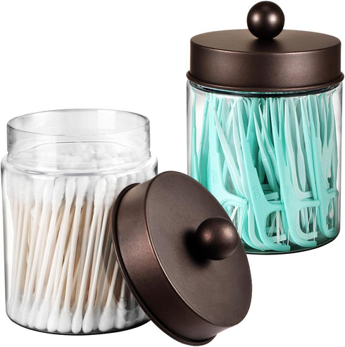 3PC Farmhouse Decor Qtip Holder Apothecary Jars Bathroom Vanity Storage Organizer -Countertop Canister Plastic Container &Cute Stickers for Cotton Swab, Ball,Pad,Floss ,Paper Clips (Bronze) by Komashr
