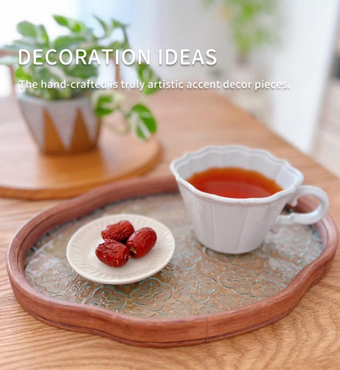 Countertop (Clear,11.4" 7.8" 1") IwaiLoft Glass Serving Tray with The Crabapple Pattern Glass and Walnut for Kitchen