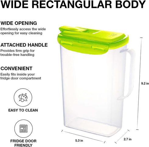 LocknLock Aqua Fridge Door Water Jug, BPA Free Plastic Pitcher with Handle, Flip Top Lid, 2 Quarts, Green
