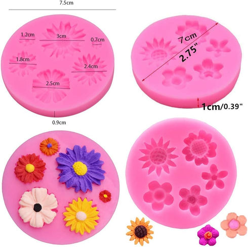 4Pcs/Set Mini Flower & Leaf Fondant Molds, Rose Daisy Sunflower Silicone Gumpaste Molds for Cake Cupcake Decoration,