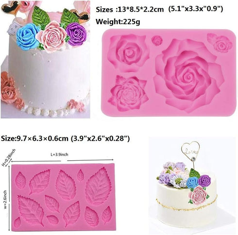 Large Rose Mold Silicone, Flower and Leaves Fondant Cake Molds for Decoration