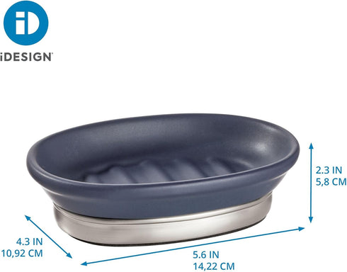 iDesign Ceramic and Steel Bar Holder, The York Collection Soap Dish, Matte Navy/Brushed Nickel
